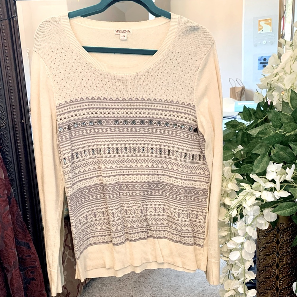 Creme embellished knit top